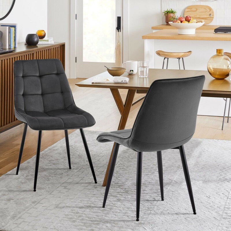 Clipop - Lot de 2 Chaises de Salle à Manger Chaises de Cuisine en Tissu Velours Assise Rembourrée Pieds en Métal, Gris