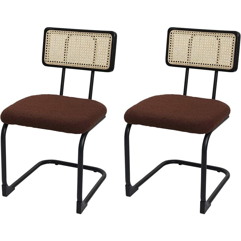 décoshop26 - lot de 2 chaises de salle à manger cuisine en bois rotin métal tissu/textile marron bouclé