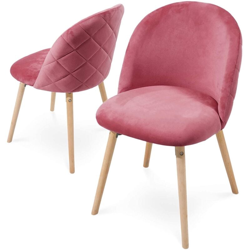 Helloshop26 - Lot de 2 chaises de salle à manger en velours pieds en bois hêtre style moderne chaise scandinave pour salon chambre cuisine bureau rose