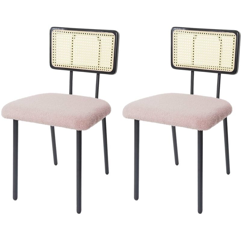 Lot de 2 chaises de salle à manger HHG 707, fauteuil chaise, bois poly rotin métal bouclé, tissu/textile rose