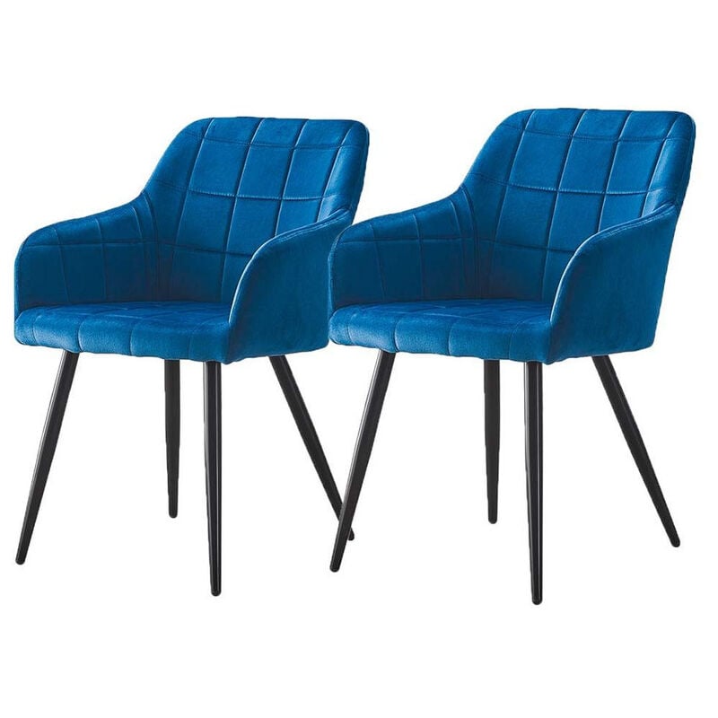 Clipop - Lot de 2 chaises de salle à manger rembourrées en velours, avec accoudoirs classiques, dossier et pieds en métal, Bleu