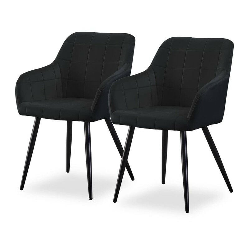 Clipop - Lot de 2 chaises de salle à manger rembourrées en velours, avec accoudoirs classiques, dossier et pieds en métal, Noir