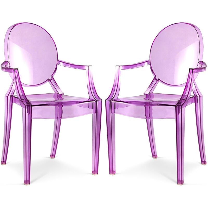 Privatefloor - Lot de 2 chaises de salle à manger transparentes - Design avec accoudoirs - Louis xiv Violet transparent