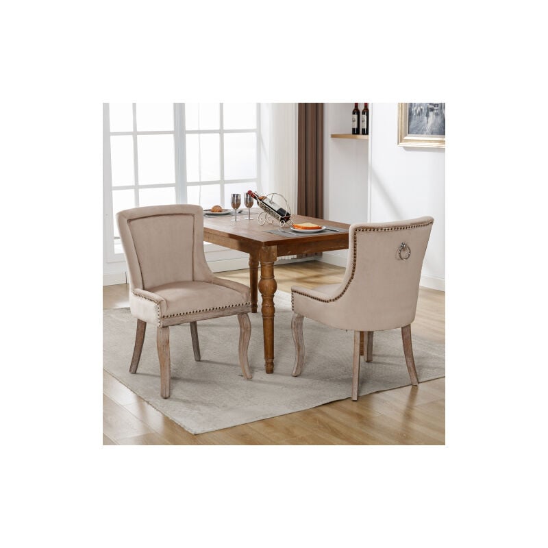 Liberté - Lot de 2 Chaises de salon luxueuse rembourrée avec garniture cloutée, pieds en bois massif, revêtement en velours, beige