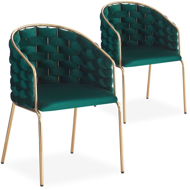 Lot de 2 chaises design au dossier arrondi style maillage Tricotane Velours Vert et Métal Or