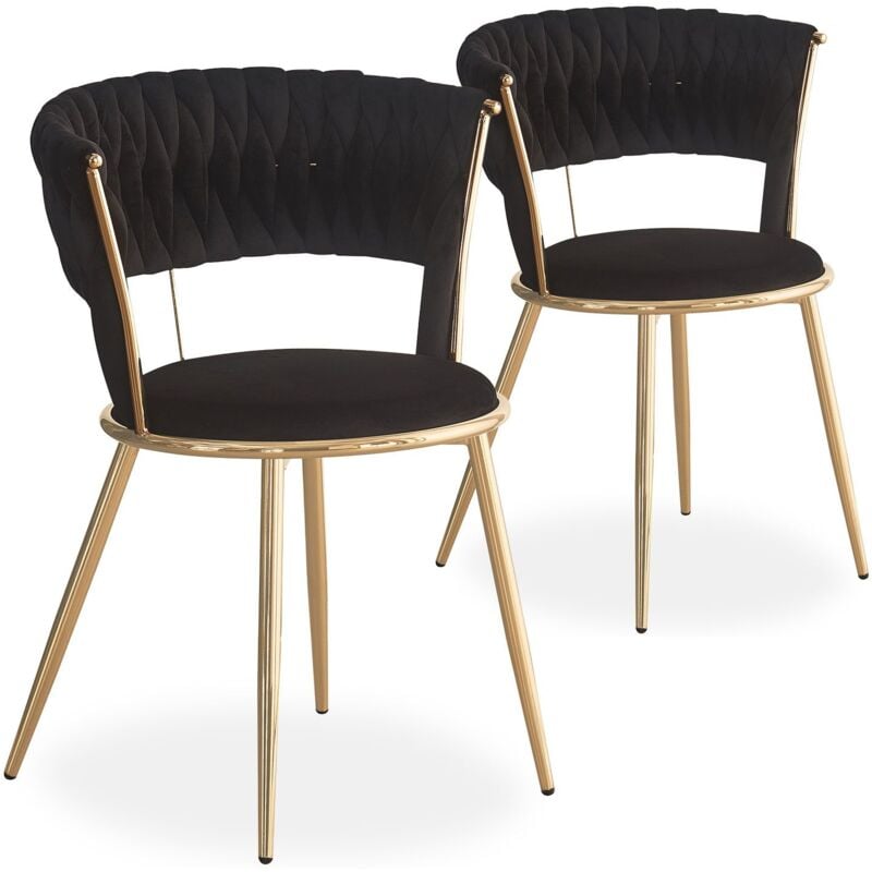Lot de 2 chaises design au dossier arrondi style maillage Varadian Velours Noir et Métal Or