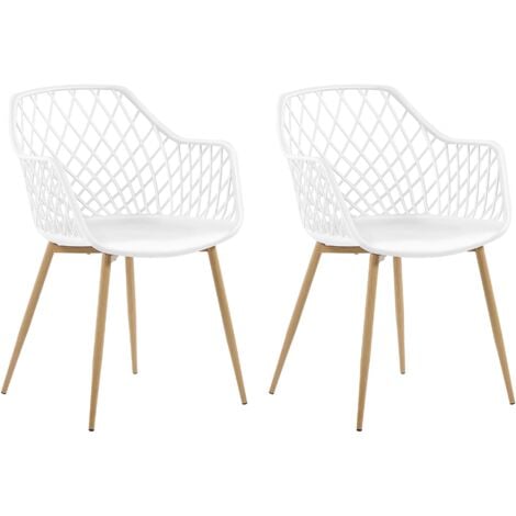 Lot de 2 Chaises Design avec Assise en Plastique Blanc et Pieds en Métal Effet Bois Clair pour Salle à Manger Salon ou Cuisine Scandinave Beliani