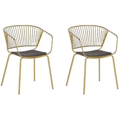 Lot de 2 Chaises Design en Métal Doré avec Assises en Simili-cuir Noir pour Salle à Manger Salon ou Cuisine Minimaliste et Glamour Beliani - Doré