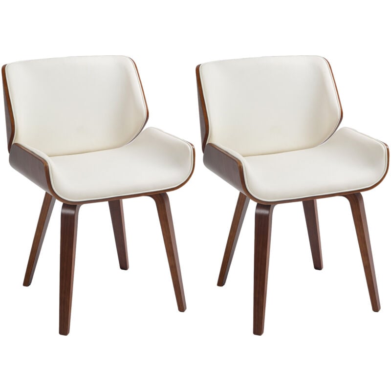 Lot de 2 chaises design vintage piètement châssis bois peuplier aspect noyer revêtement mixte synthétique tissu crème