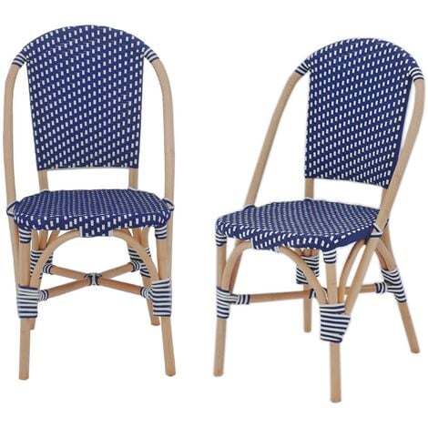Lot de 2 chaises empilables bistrot en rotin et polyrotin bleu et blanc. L 48 x P 58 x H 90cm