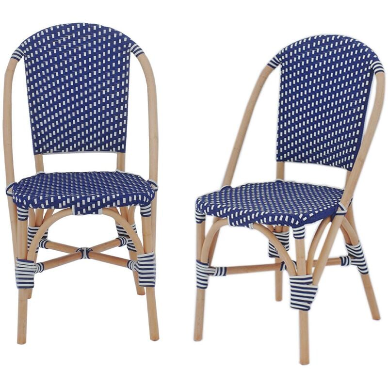 Sweeek - Lot de 2 chaises empilables bistrot en rotin et polyrotin bleu et blanc. l 48 x p 58 x h 90cm