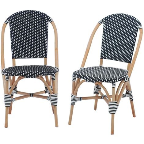 Lot de 2 chaises empilables bistrot en rotin et polyrotin noir et blanc. L 48 x P 58 x H 90cm