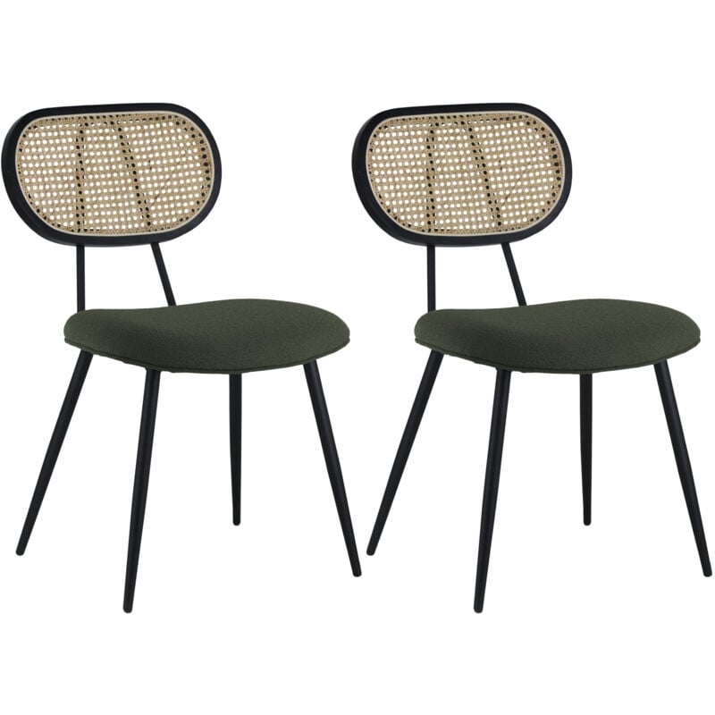 Happy Garden - Lot de 2 chaises en cannage et tissu boucle vert kaki elena