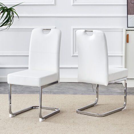 Lot de 2 chaises en cuir PU, dossier haut ergonomique, base métal en U, chaises de bureau et salle à manger, style moderne – Blanc