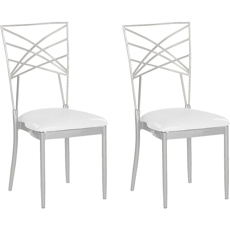 Beliani - Lot 2 Chaises en Métal Argenté avec Assise en Simili-cuir Blanc pour Salle à Manger Cuisine et Salon au Design Moderne et Minimaliste