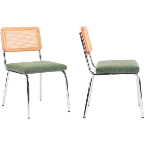 Lot de 2 chaises en métal chromé, cannage naturel et tissu bouclé vert - Paula
