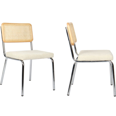 Lot de 2 chaises en métal chromé, cannage naturel et velours côtelé beige - Paula