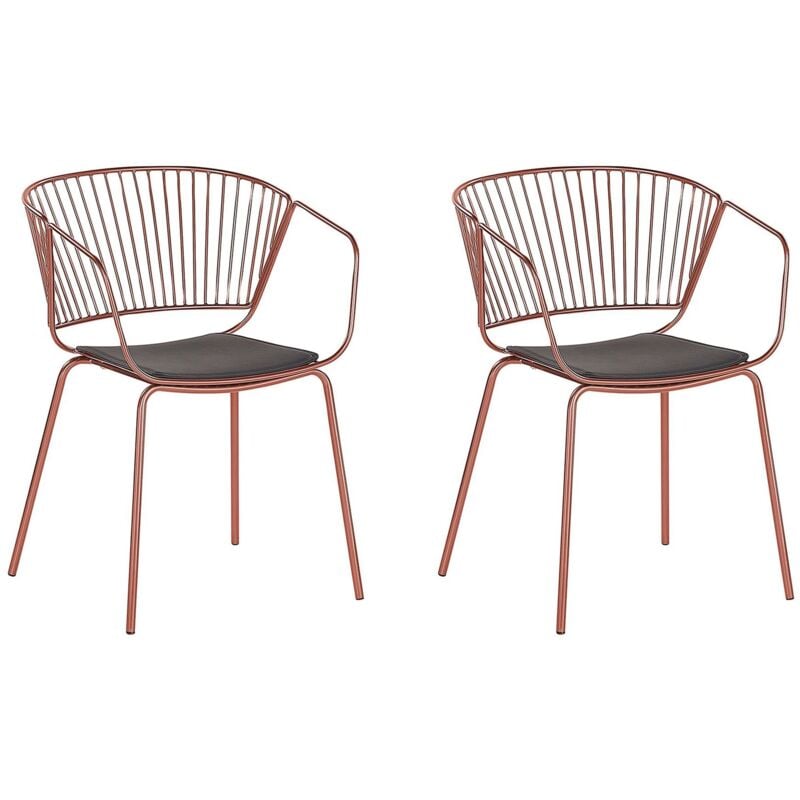Beliani - Lot de 2 Chaises Design en Métal Cuivré avec Assises en Simili-cuir Noir pour Salle à Manger Salon ou Cuisine Minimaliste et Glamour