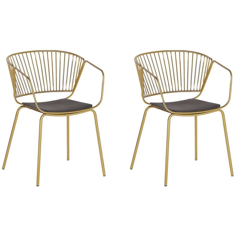 Beliani - Lot de 2 Chaises Design en Métal Doré avec Assises en Simili-cuir Noir pour Salle à Manger Salon ou Cuisine Minimaliste et Glamour