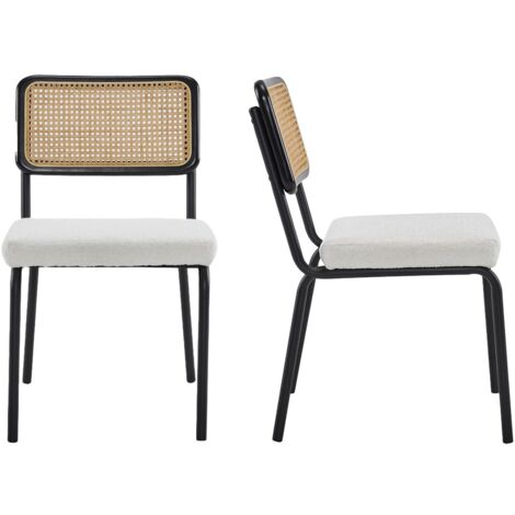 Lot de 2 chaises en métal et bois noir, cannage naturel et tissu bouclé écru - Paula