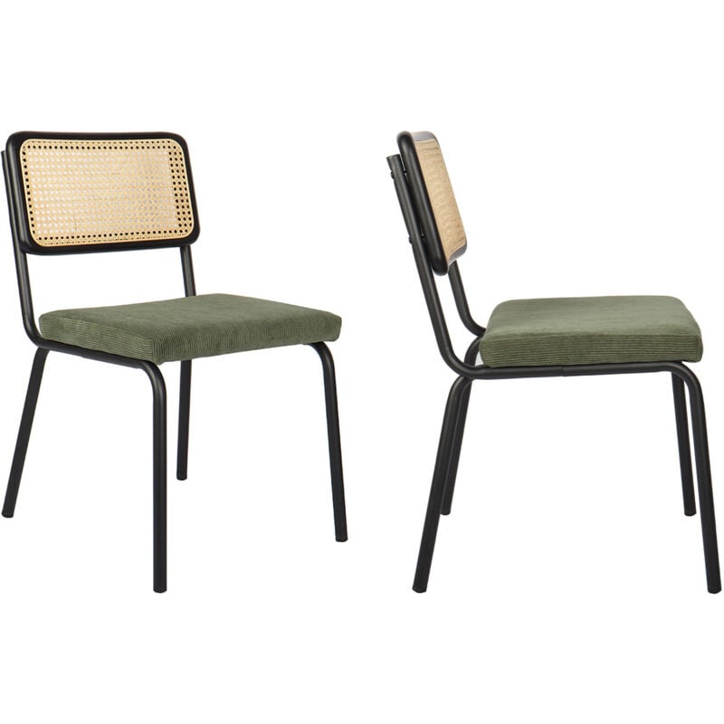 Homifab - Lot de 2 chaises en métal et bois noir, cannage naturel et velours côtelé vert - Paula