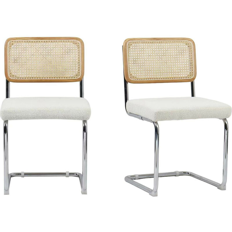 Homifab - Lot de 2 chaises en cannage, tissu bouclé écru et métal chromé - Muse