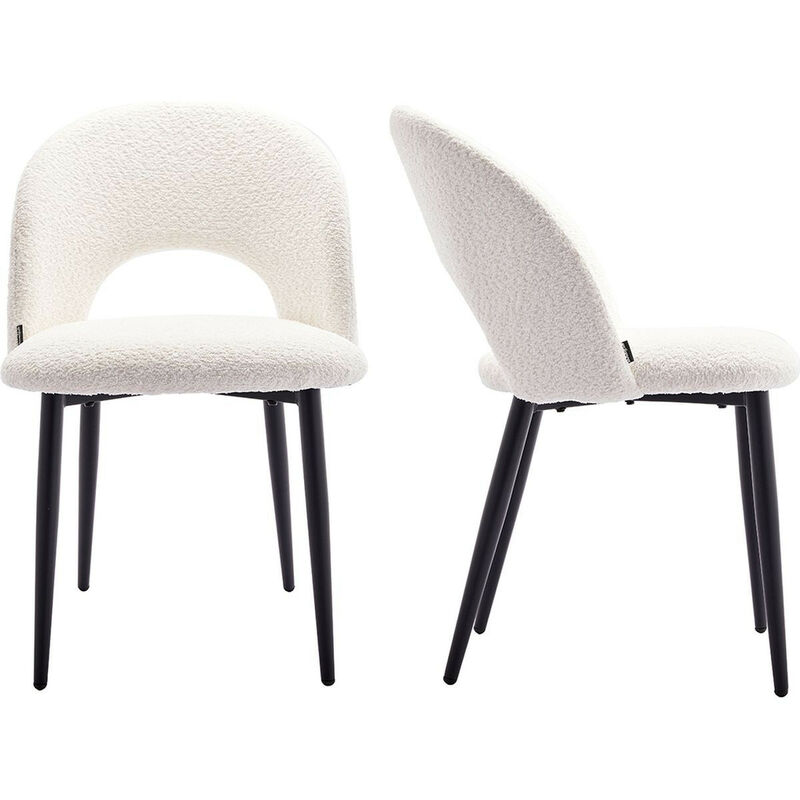 Homifab - Lot de 2 chaises de salle à manger en tissu bouclette écru, piètement noir - Moss