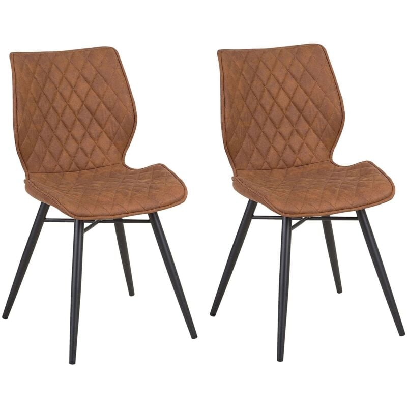 Beliani - Lot 2 Chaises Revêtus en Tissu Marron Motif Losagne avec Pieds Noirs en Métal Confort et Design pour Salle à Manger ou Salon Déco et Vitage