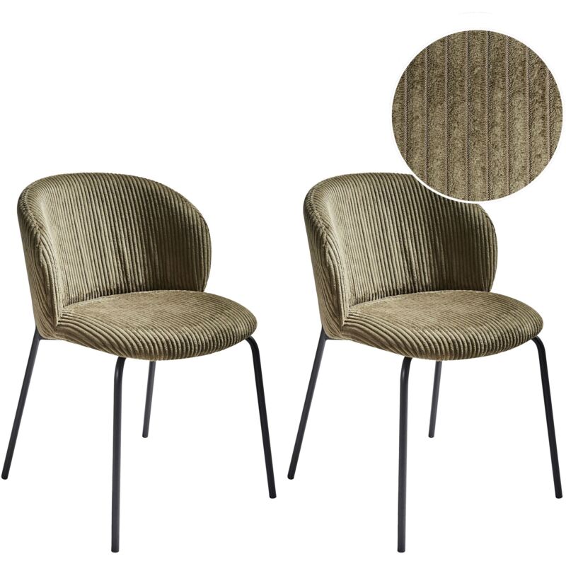 Beliani - Lot de 2 Chaises en Velours Côtelé de Salle à Manger Pieds en Fer Dossier Arrondi Rembourré Vert Olive Miles