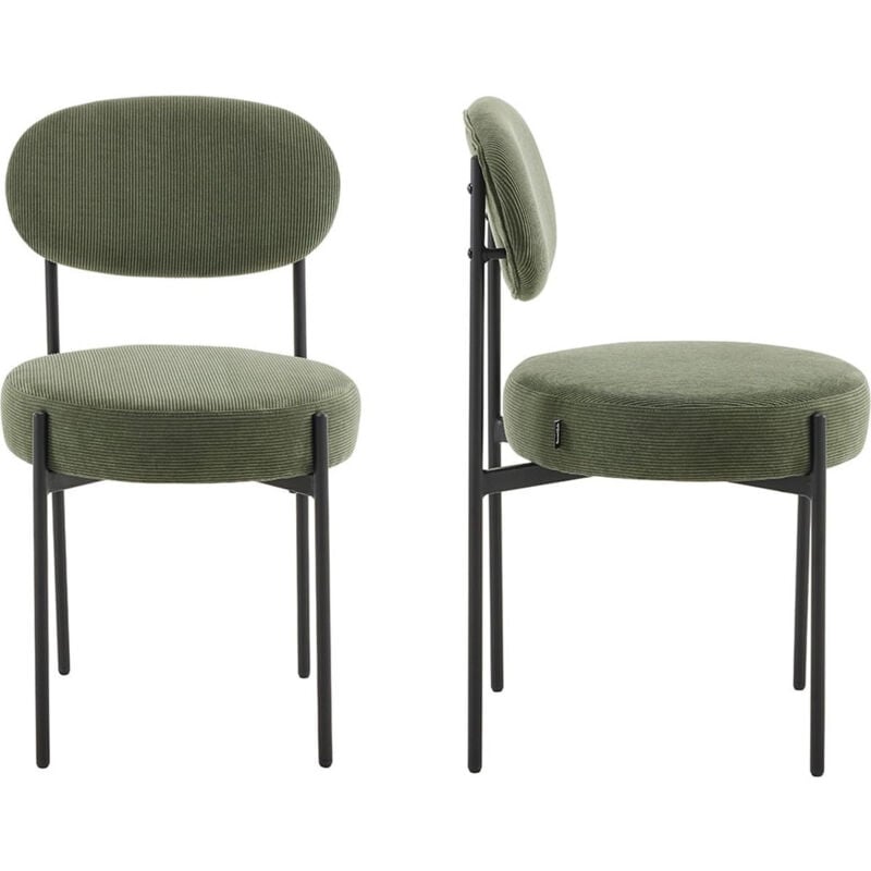 Homifab - Lot de 2 chaises en velours côtelé vert, piètement métal noir - Evora