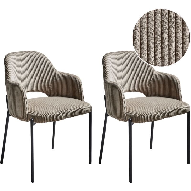 Beliani - Lot de 2 Chaises en Velours Côtelé Salle à Manger avec Accoudoirs Rembourrées Taupe Raton