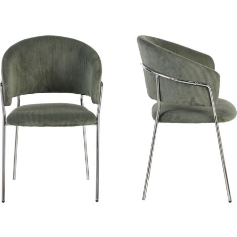 Lot de 2 chaises en velours côtelé vert kaki et piètement chromé - Isya