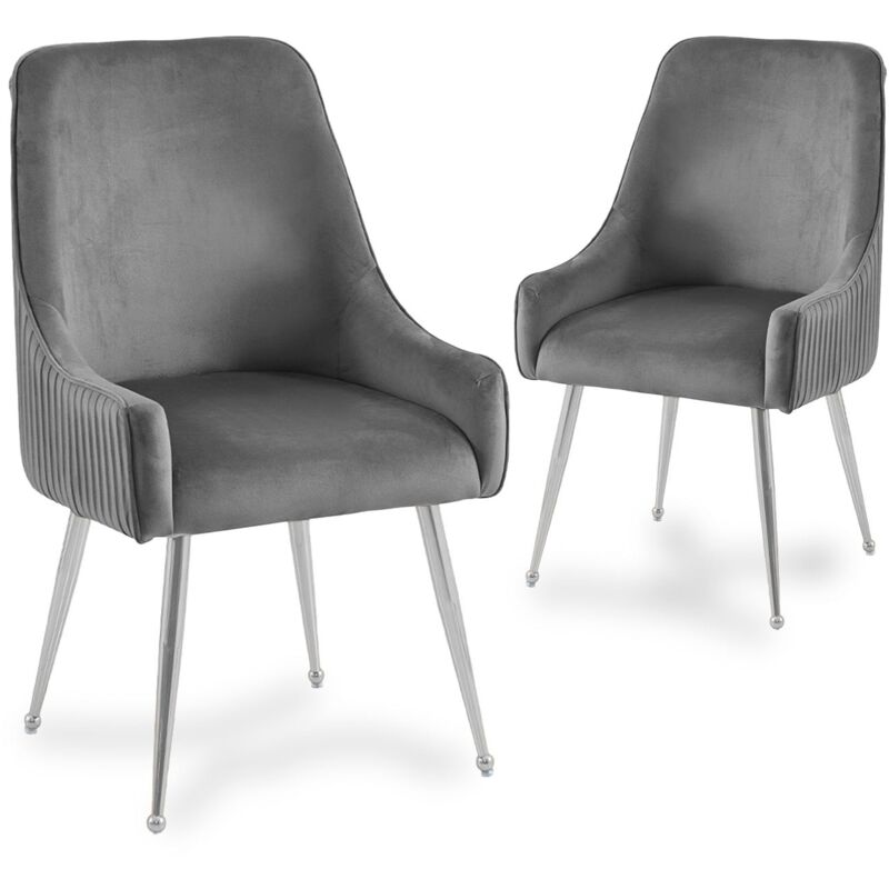 Dory - Lot de 2 chaises en velours gris pieds en métal argenté dory