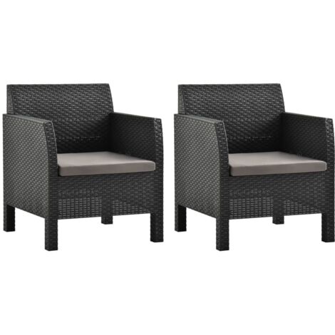 Lot de 2 Chaises/Fauteuils de jardin avec coussins PP Rotin Anthracite -TF22706