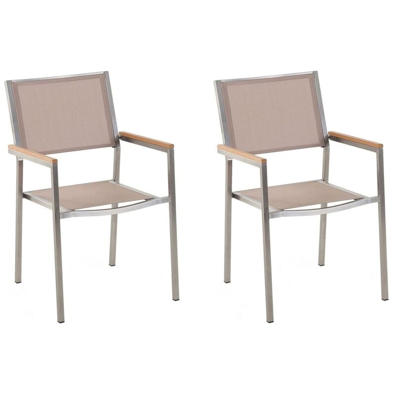 Lot de 2 Chaises de Jardin Empilables Beige et Argenté en Tissu et Inox Grosseto