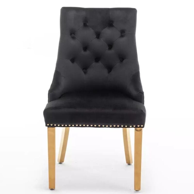 Homy France - Lot de 2 chaises lion mattelassée et cloûtée Gold velours Noir