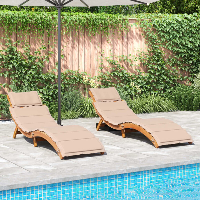 Lot de 2 Chaises longue Bain de soleil Transat de relaxations avec coussins beige bois massif acacia CFW586900