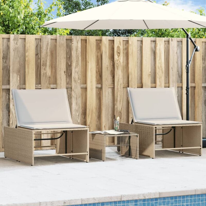 Lot de 2 Chaises longue Bain de soleil Transat de relaxations avec table beige résine tressée CFW242153