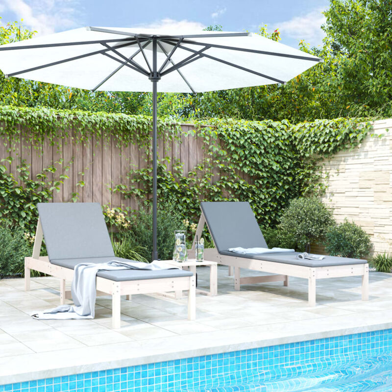 Lot de 2 Chaises longue Bain de soleil Transat de relaxations avec table blanc bois massif de pin CFW349329