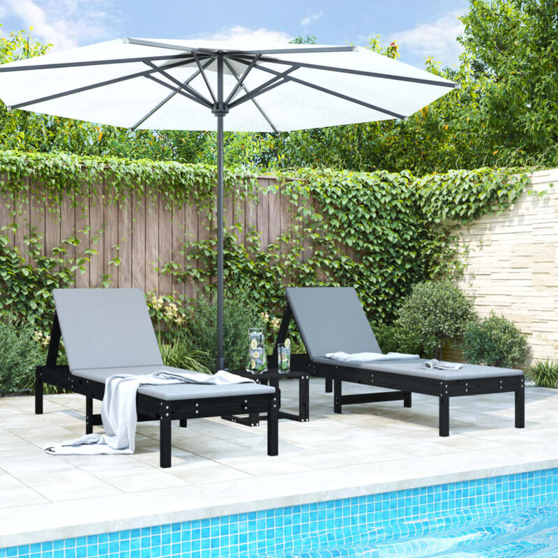 Lot de 2 Chaises longue Bain de soleil Transat de relaxations avec table noir bois massif de pin CFW620573