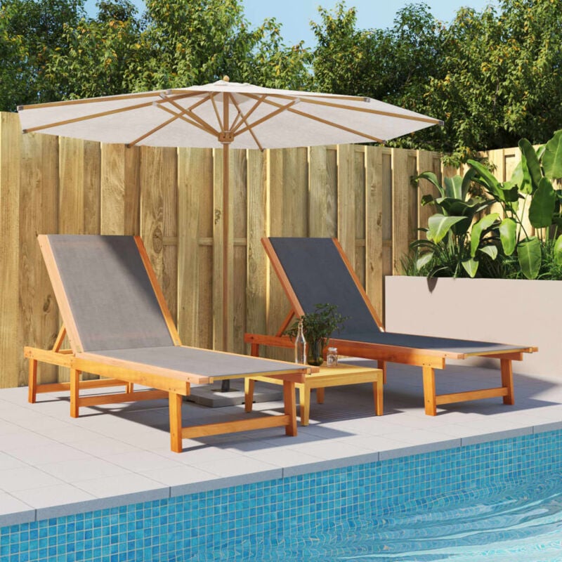 Lot de 2 Chaises longue Bain de soleil Transat de relaxations noir bois d'acacia solide et textilène CFW227015