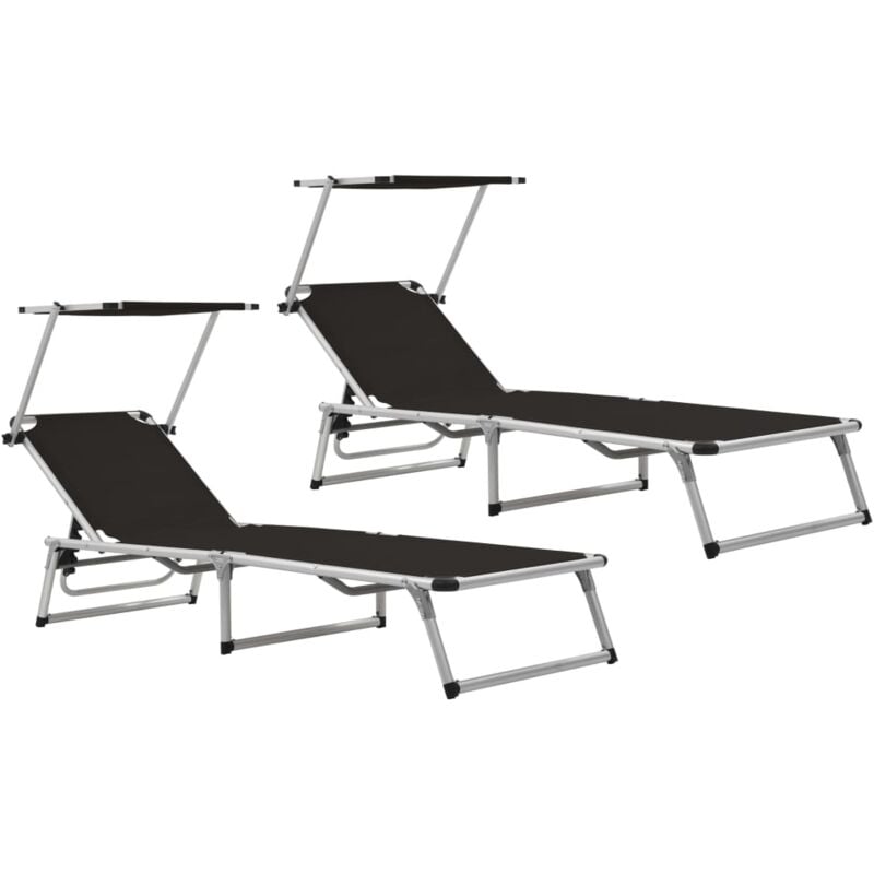 Lot de 2 Chaises longue Bain de soleil Transat de relaxations pliables et toit Aluminium textilène CFW119348