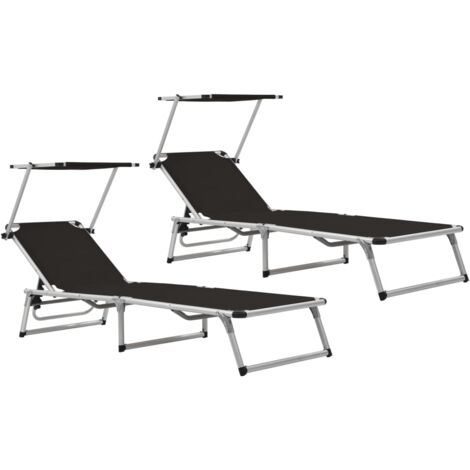 Lot de 2 Chaises longue  Bain de soleil  Transat de relaxations pliables et toit Aluminium textilène CFW119348