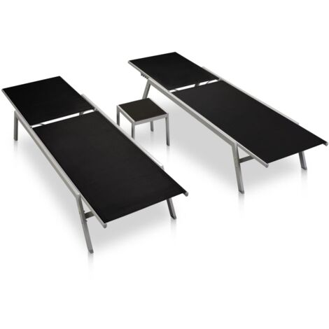 Lot de 2 Chaises longue, Fauteuils Relax, pour Jardin Balcon Camping, avec table Acier et textilène Noir OIB9429E