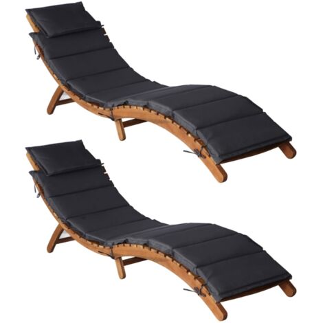Lot de 2 Chaises longue，Bain de soleil，Transat de relaxations et coussins Gris foncé Bois massif acacia CFW57313