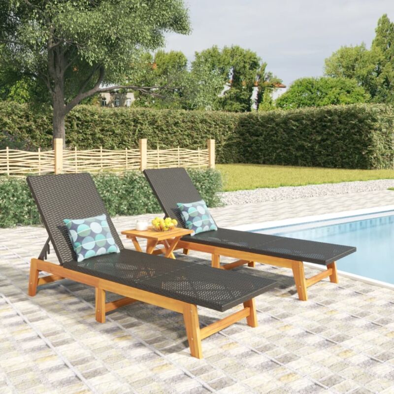 Lot de 2 Chaises longue，Bain de soleil，Transat de relaxations noir/marron résine tressée/bois acacia CFW51361