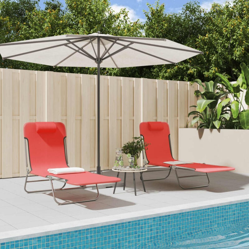Lot de 2 Chaises longue,Bain de soleil,Transat de relaxations pliables rouge textilène et acier CFW10849