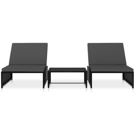 Lot de 2 Chaises longues avec table  Bain de soleil  Transat de relaxation Résine tressée Noir BSRHS178691
