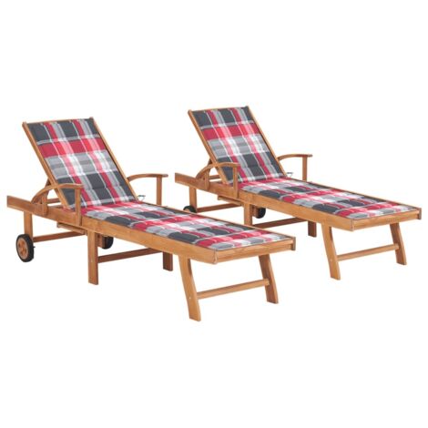 Lot de 2 Chaises longues  Bain de soleil Transat avec coussin carreaux rouge Teck solide 83944