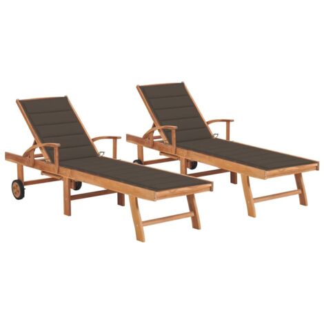 Lot de 2 Chaises longues  Bain de soleil Transat avec coussin taupe Bois de teck solide 39253